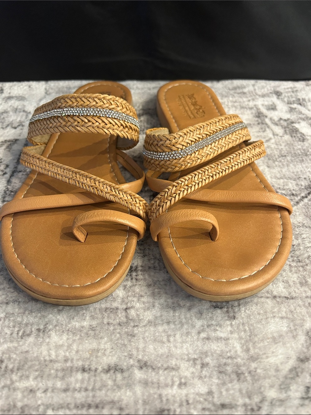 Coach and Four Tan Braided Toe-Ring Slide Sandals with Silver Accent